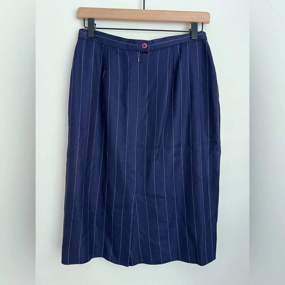 Christian Dior blazer skirt set navy blue pinstripe short sleeve vintage USA 6